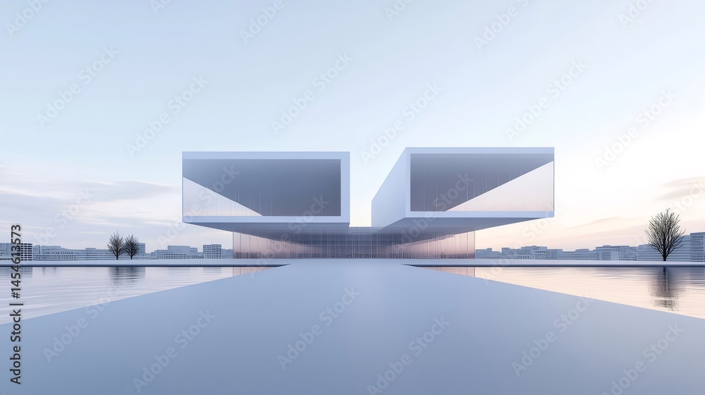 Poster 白いモダンな建築デザインと水面の反射 青空を背景に都市風景