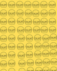 Burgers drawn with a simple line over a yellow background. Each burger has a toasted loaf of sesame, Patty, and lettuce stuffing.