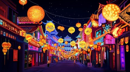 Vibrant illuminated street scene at night, filled with lanterns.