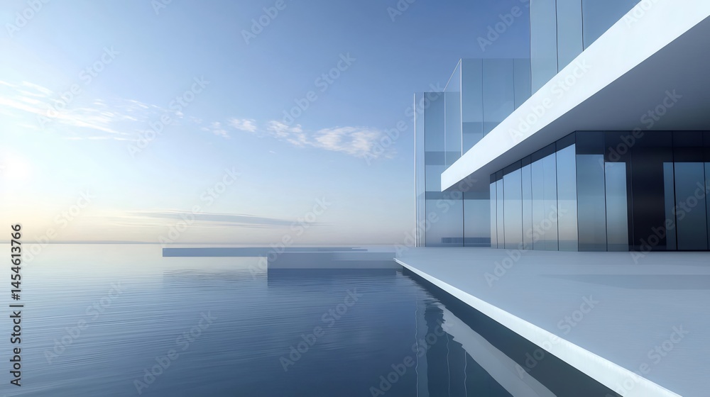 Aufkleber 水面と空を背景にした透明なガラス張りのモダン建築デザイン 屋外の晴れた日のコントラスト