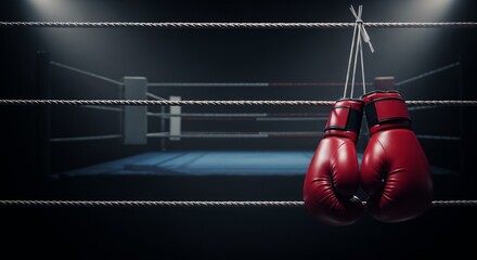 Red boxing gloves hanging in an empty ring under spotlight 