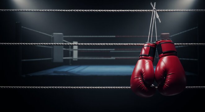 Red boxing gloves hanging in an empty ring under spotlight 