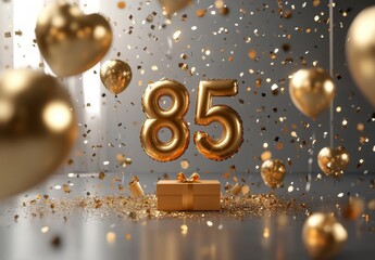 Golden 85th Birthday Celebration with Balloons and Confetti