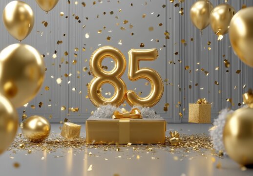 Golden 85th Birthday Celebration with Balloons and Confetti