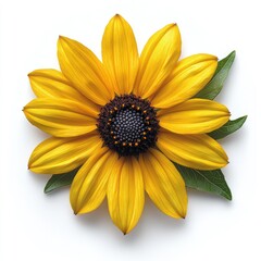 Obraz premium Bright yellow flower blossom, dark center and some green leaves on plain background