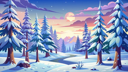 Snow-covered pines stand tall in a peaceful winter wonderland