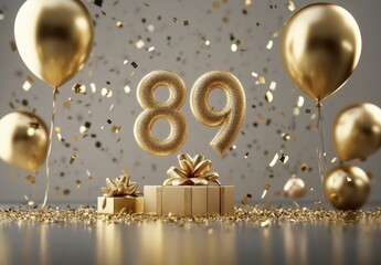 Golden Celebration Theme with Bright Balloons and Sparkling Number 89