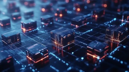 Complex network of glowing cubes on a digital platform.