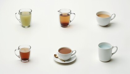 Different beverages in cups, bright colors, aesthetic arrangement on white background, copy space