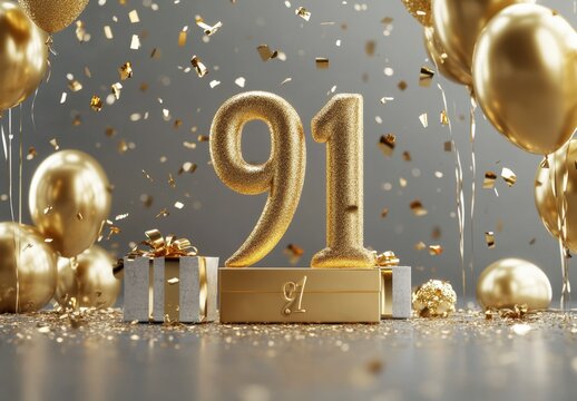 Golden Celebration with Glittery 91 Numbers and Festive Decorations