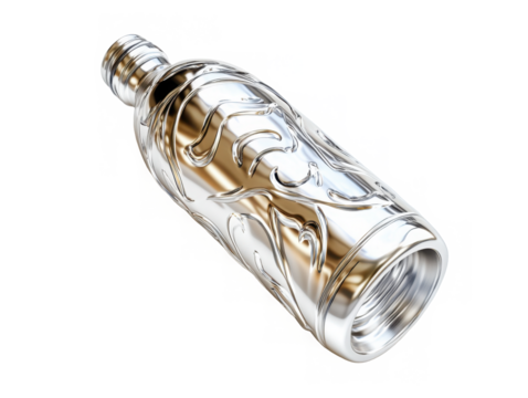 Ornate silver bottle lying down on transparent background