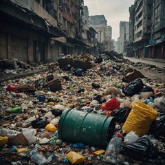 Fototapeta premium Overwhelmed Streetscape Showing Extreme Waste Accumulation and Environmental Neglect within a Dense Urban Area