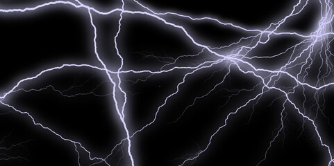 Massive lightning bolt with branches isolated on black bg. Mountainous Cumulus Clouds Boiling in the Summer Sky. Powerful lightning strikes illuminate night sky nature raw and electrifying beauty. 