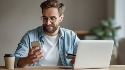 Satisfied millennial man is looking at his smartphone while holding a credit card, seated at a stylish workspace with a laptop and a coffee cup nearby