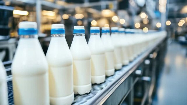 Bottles of Fresh Milk on Production Line in Dairy Processing Plant Under Bright Lighting During Beverage Manufacturing Process