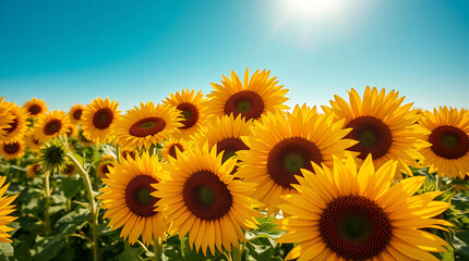Obraz premium Sunflowers in full bloom facing the sun, bright and vibrant field, clear blue sky, joyful atmosphere