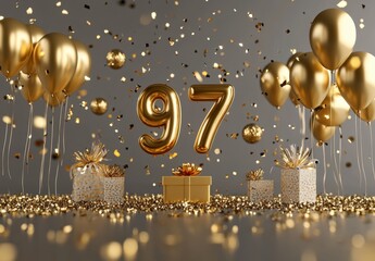 Festive Gold Celebration with Balloons, Confetti, and Gifts