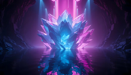 Neon Glow Crystal Cave Vibrant Pink and Blue Crystal Cluster Reflecting in Still Water, Dramatic Lighting, 3D Render
