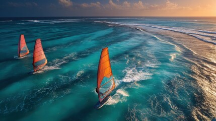 Dynamic Competitive Windsurfers Racing Across Golden Waves Captured in Stunning Detail During Serene Sunset Conditions