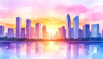 Fototapeta premium Cityscape Sunset: Watercolor Skyline Reflection