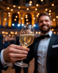 Elegant award ceremony filled with laughter, cocktails, and blue spotlights creating a sophisticated atmosphere