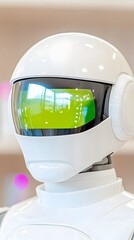 Close-up of a sleek, white robot's head, featuring a green visor reflecting its surroundings