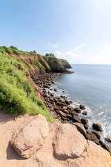 Coastal cliffs with lush vegetation overlooking a rocky shore and calm sea under a clear sky