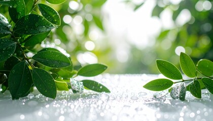 Naturalne tło zielone liście i krople rosy wody