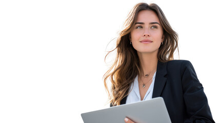 Visionary in the Business World: A confident businesswoman, with a determined gaze, strides forward, carrying a laptop, capturing ambition and focus in a dynamic portrait.