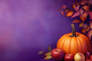 Сomposition with pumpkin, apples and colorful fall leaves on purple background, seasonal still life for Thanksgiving, Halloween, harvest celebration, seasonal sale or autumn greeting card design
