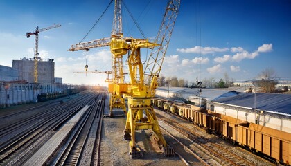 industrial landscape with yellow crane railway and buildings sunny day
