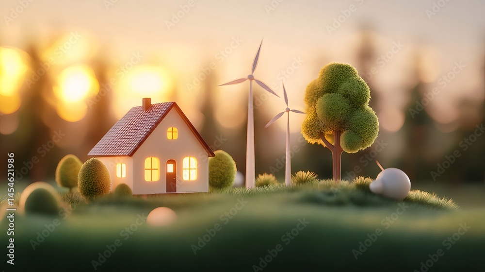 Poster 夕焼け時の緑豊かな丘の上に建つ家と風力発電機 自然の風景と持続可能なエネルギーの概念