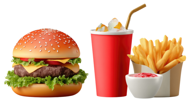 Classic Burger Meal: A mouthwatering cheeseburger, crispy french fries, and a refreshing soda form a classic fast food combo, perfect for satisfying hunger.