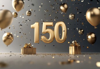 Golden Celebration with Number 150, Balloons, Gifts, and Confetti
