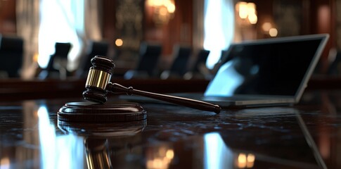 Obraz premium Gavel beside laptop on table in law office, blurred courtroom background, soft lighting, high-resolution, detailed, professional legal workspace with copy space.