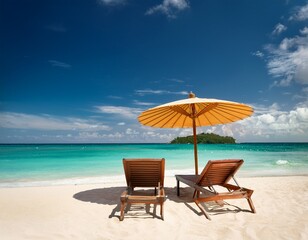 two deck chairs with parasols on a beautiful tropical beach paradise