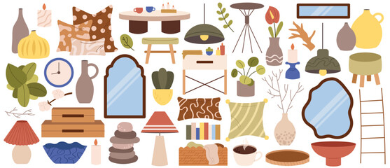 A set of cozy home illustrations in minimalist style with soft pastel colors. Includes candles, blankets, books, armchairs, warm drinks, and home plants.