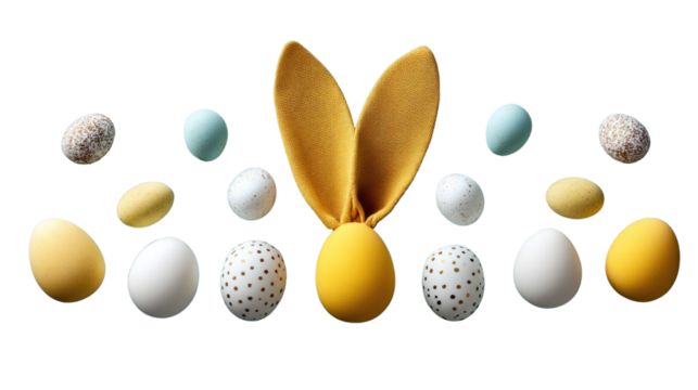Easter Bunny Eggs: A playful arrangement of yellow and white Easter eggs with a single yellow egg adorned with bunny ears, creates a festive and whimsical image. - Powered by Adobe