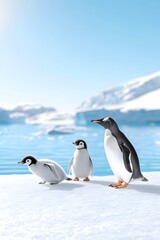 Fototapeta premium Three penguins on snowy ground near icy water and mountains