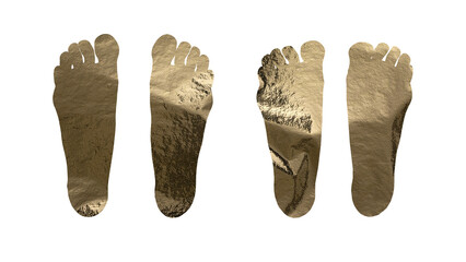 Golden footprint design with shiny, metallic foil texture. Human step marks, left and right foot,