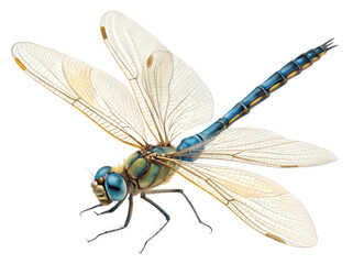 Close up of a dragonfly with transparent wings and blue body on a transparent background
