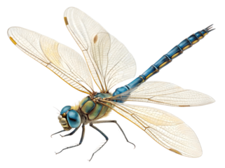 Close up of a dragonfly with transparent wings and blue body on a transparent background