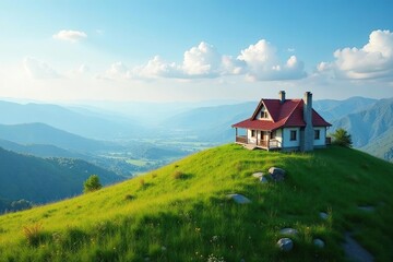 Fototapeta premium Single house on a hill, overlooking vast landscape, rural, home