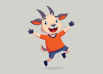 Joyful Cartoon Goat Kid Jumping in Orange Shirt