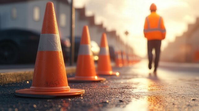Orange traffic cones on asphalt with blurred worker in uniform walking nearby, symbolizing highway safety and roadwork, close-up with copy space.