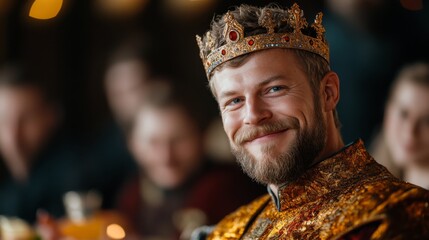 Royal banquet featuring a smiling king adorned in an ornate crown with guests in historical attire enjoying a lively celebration