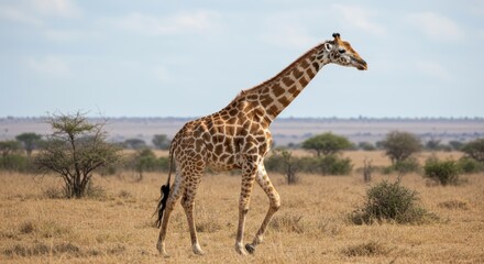 Fototapeta premium A giraffe walks across a dry grassy savannah under a blue sky with sparse clouds. In the background are isolated trees and bushes. African wildlife, safari and animal watching