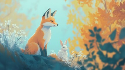 Serene Autumnal Encounter: Fox and Rabbit in Harmony