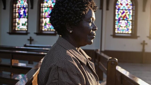 Elderly woman sitting alone in quiet church, lost in thoughtful prayer. Soft light falls through stained glass windows, creating peaceful atmosphere of reflection, faith, and prayer