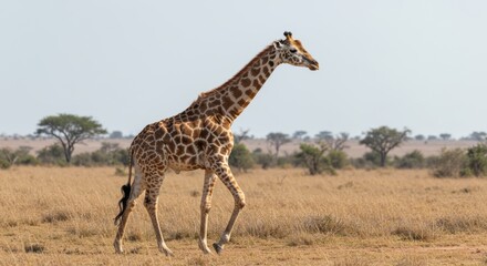 Fototapeta premium A giraffe walks across a dry grassy savannah under a blue sky with sparse clouds. In the background are isolated trees and bushes. African wildlife, safari and animal watching